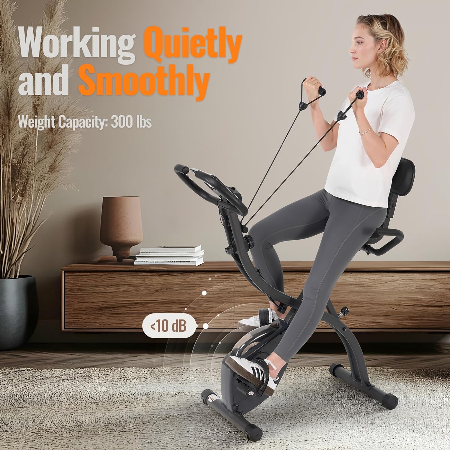 Folding Exercise Bike Stationary Bike Recumbent Exercise bike with 10 Level Adjustable Magentic Resistance and Arm Resistance Band LCD Display Support Backrest Wide Seat 300LB Capacity for Home Workout - Image 7