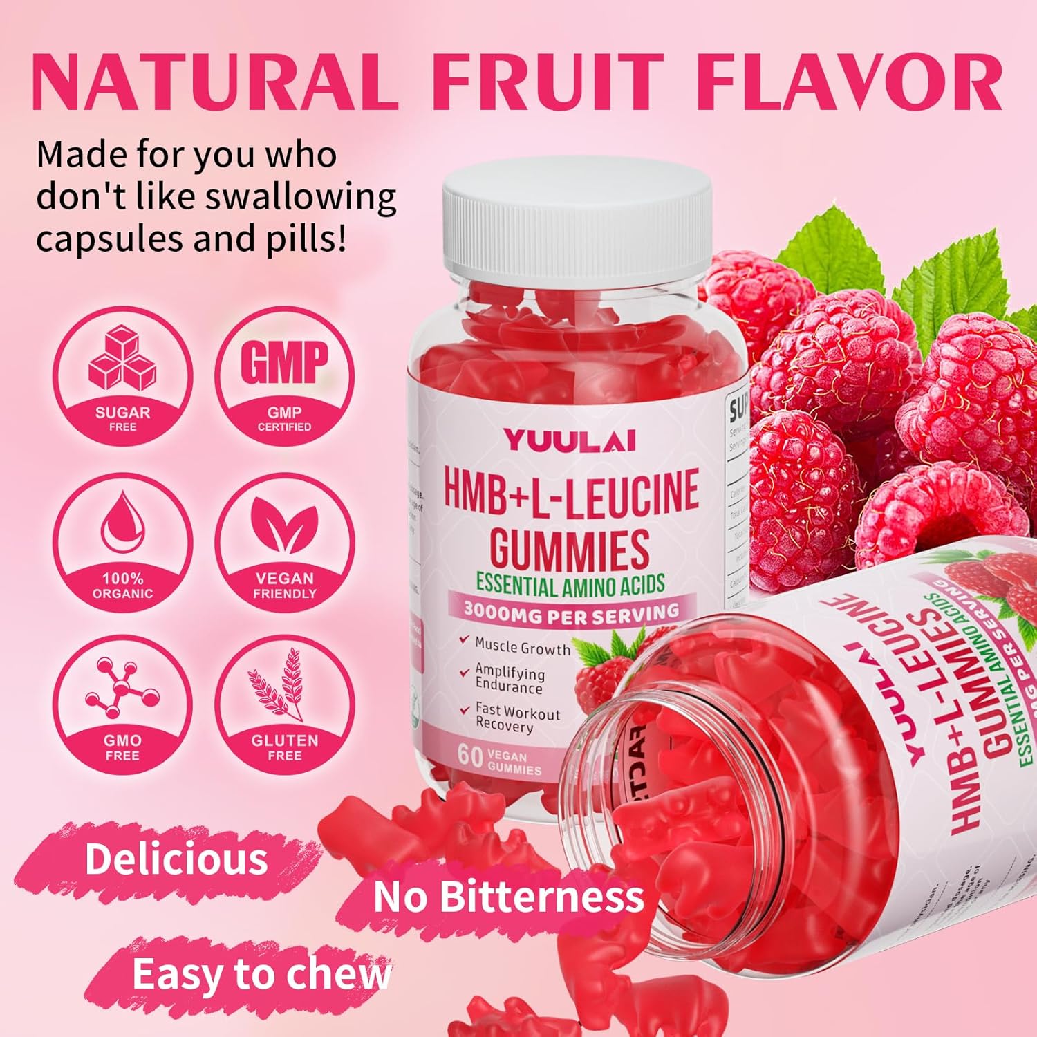 HMB and L-Leucine Gummies, 3000mg HMB and Leucine Amino Acid for Men Women, for Muscle Growth, Muscle Relief, and Fast Workout Recovery, Vegan, Raspberry Flavor, 60 Count - Image 6