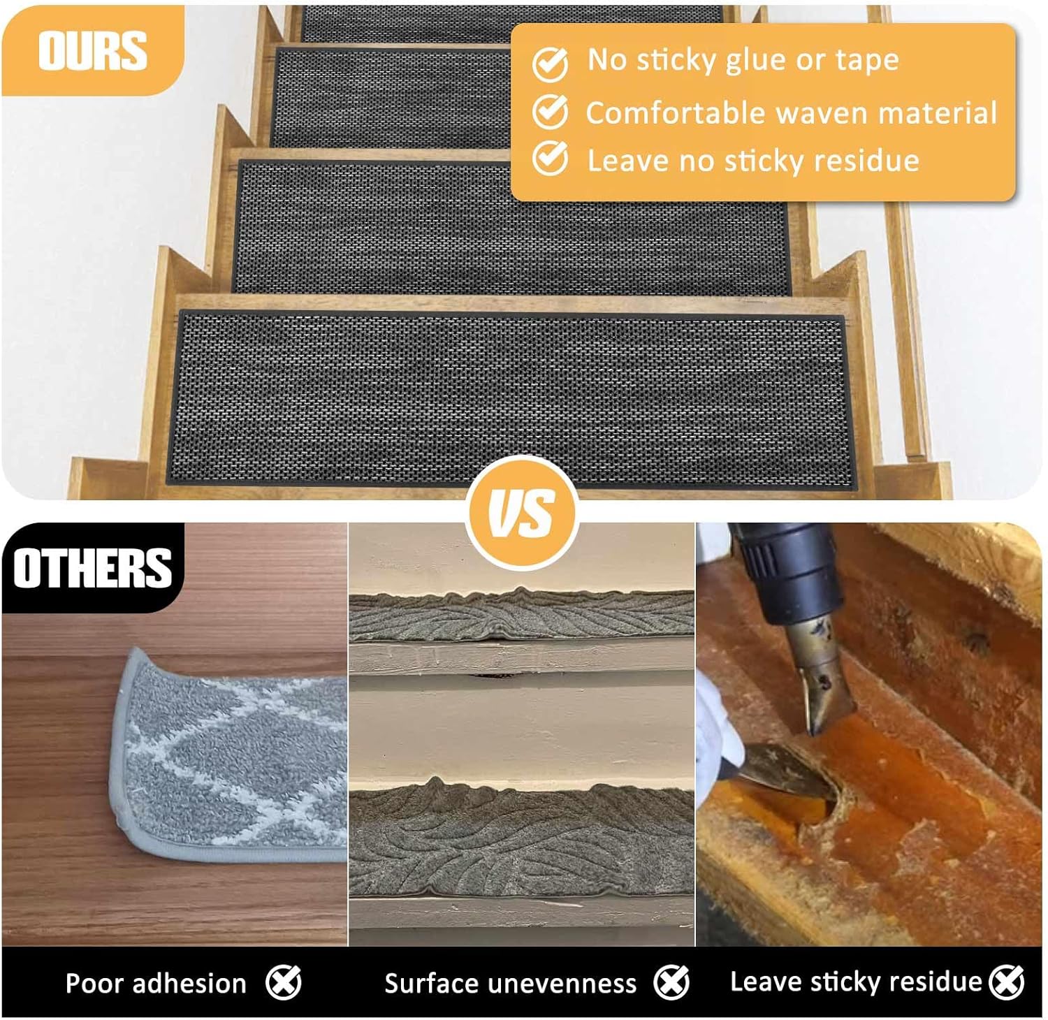 Seloom Linen Non Slip Stair Treads Carpet for Wooden Steps Indoor, Peel and Stick Carpet Stair Tread for Wood Stairs, Machine Washable Stair Runners for Pets, 15 Pack, Black (9" x36") - Image 5