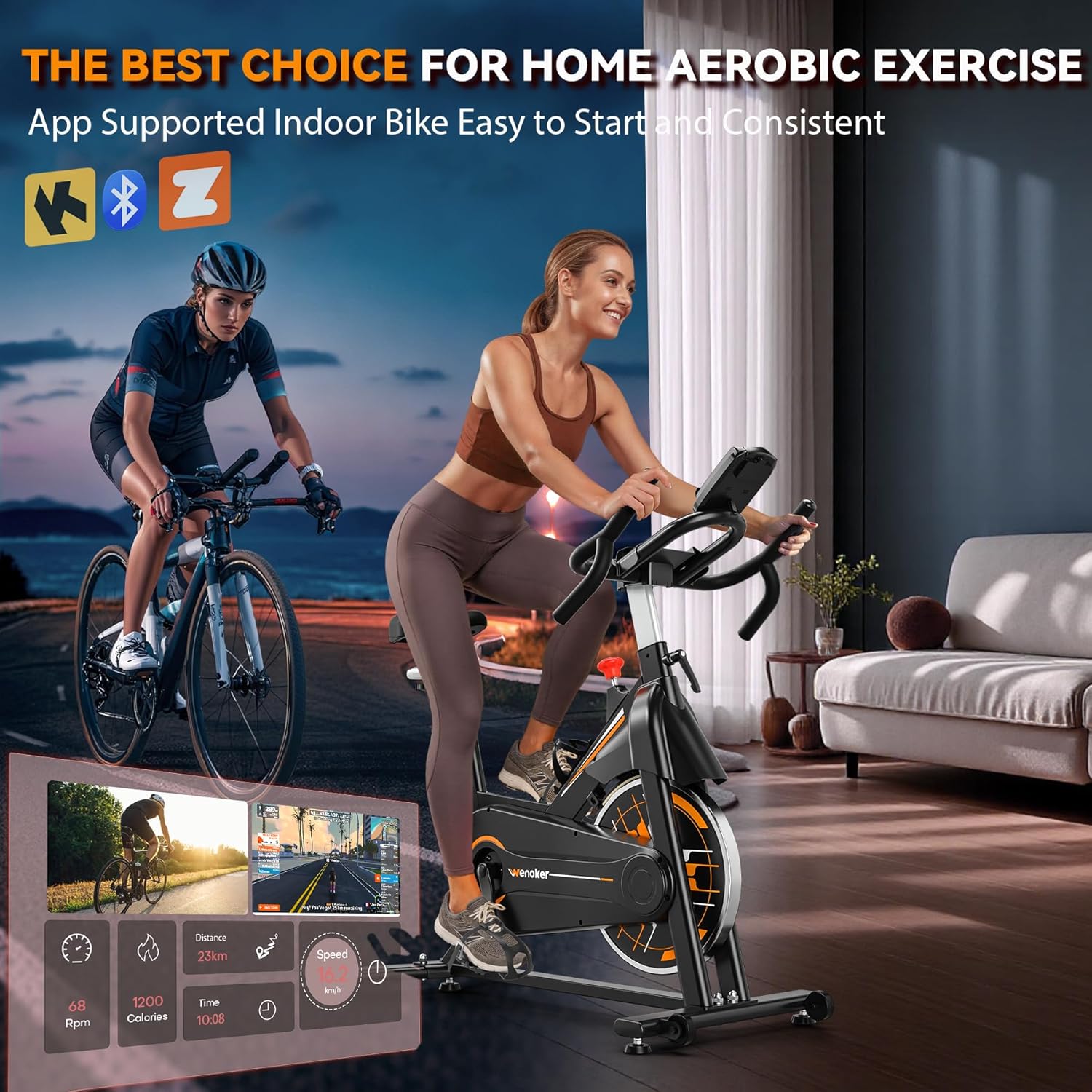 Exercise Bike, Wenoker Stationary Bike for Home, App Supported Indoor Bike with Silent Belt Drive, Heavy Flywheel, Multi-grips Handlebar and Upgraded Digital Display - Image 2