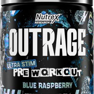 Outrage Ultra HIGH STIM Pre-Workout Powder for Men | 400mg Caffeine, L-Citrulline, Beta-Alanine, Creatine | Extreme Energy, Focus, Strength & Endurance (30 Servings, Blue Raspberry)