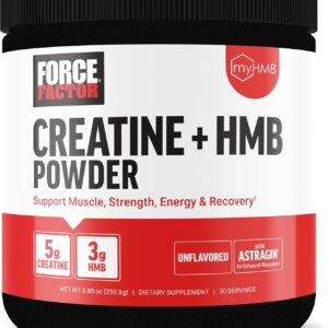 Force Factor Creatine HMB Powder, 5g Creatine Monohydrate + 3g myHMB for Muscle Growth, Strength, Energy & Recovery, with AstraGin for Enhanced Absorption, Unflavored, 30 Servings