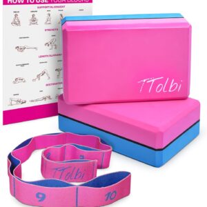 Yoga Blocks 2 Pack Set with Dance Stretch Band & Guide: Non-Slip EVA Foam Block – Ideal Stretching Equipment for Home Workouts, Pilates, Dance, Ballet, Gymnastics, Exercise – Stretch Strap Stuff Props