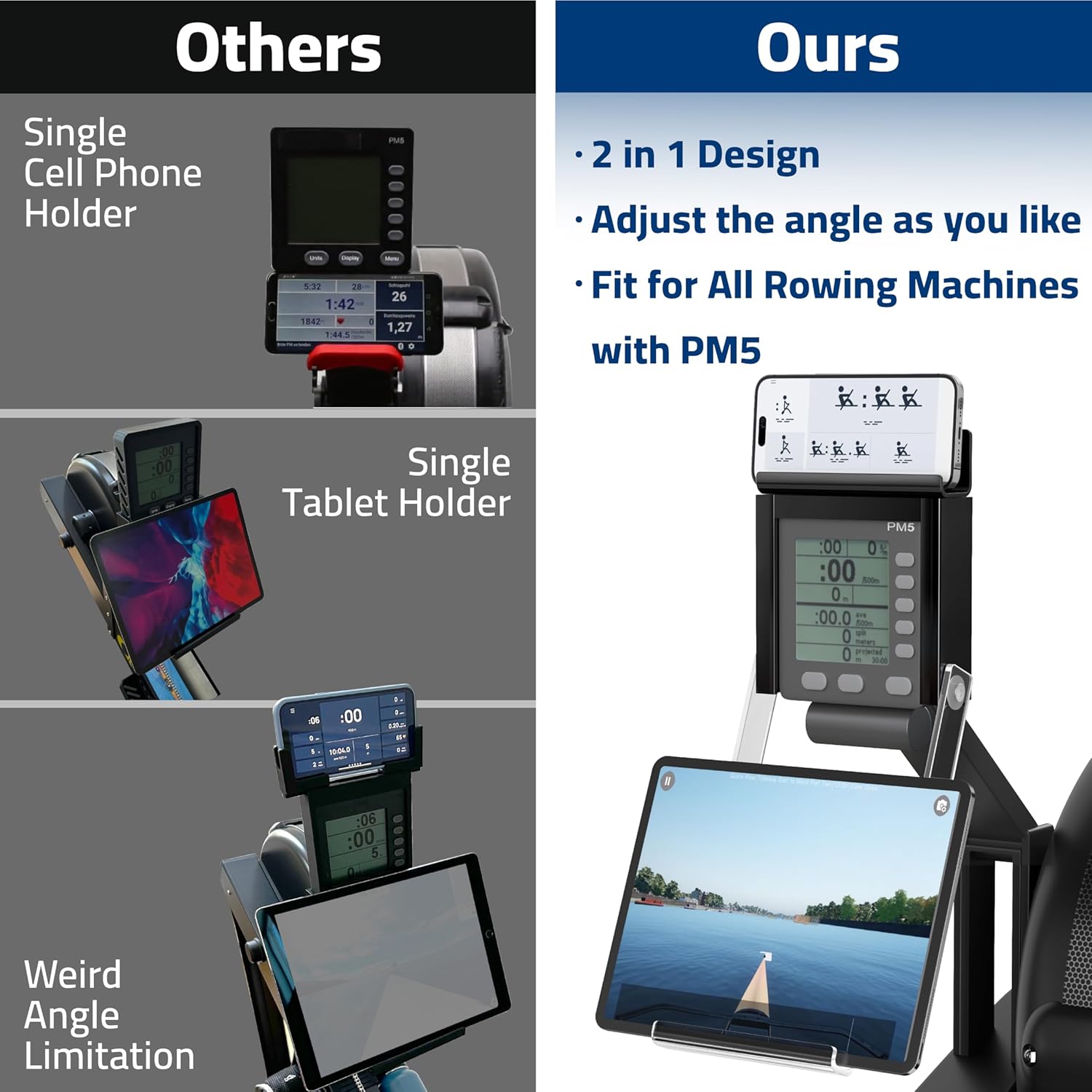 Phone & Tablet Holder Compatible with Concept 2 Rowing Machine & Skierg with PM5 Monitor, Rower Accessories, 2-in-1 Phone & Tablet Mount Stand for Model D&E and Rowerg, NOT for PM3/PM4, Patent Pending - Image 5