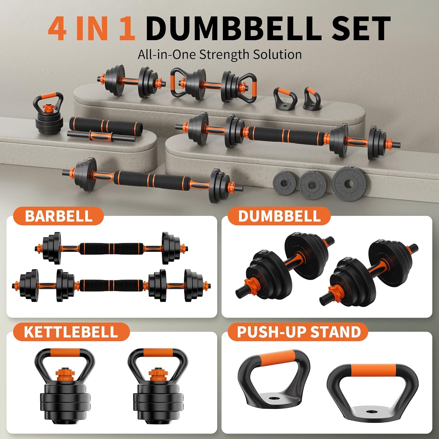 VTORY Adjustable Dumbbell Set, 30/50/70/90lbs Free Weights Dumbbells Set, 4 in1 Dumbbell Barbell Kettlebell Push-Up Stand Weight Set, Dual-Lock Safety Grip, Ergonomic Design, Weight Set for Home Gym, Set of 2 - Image 2