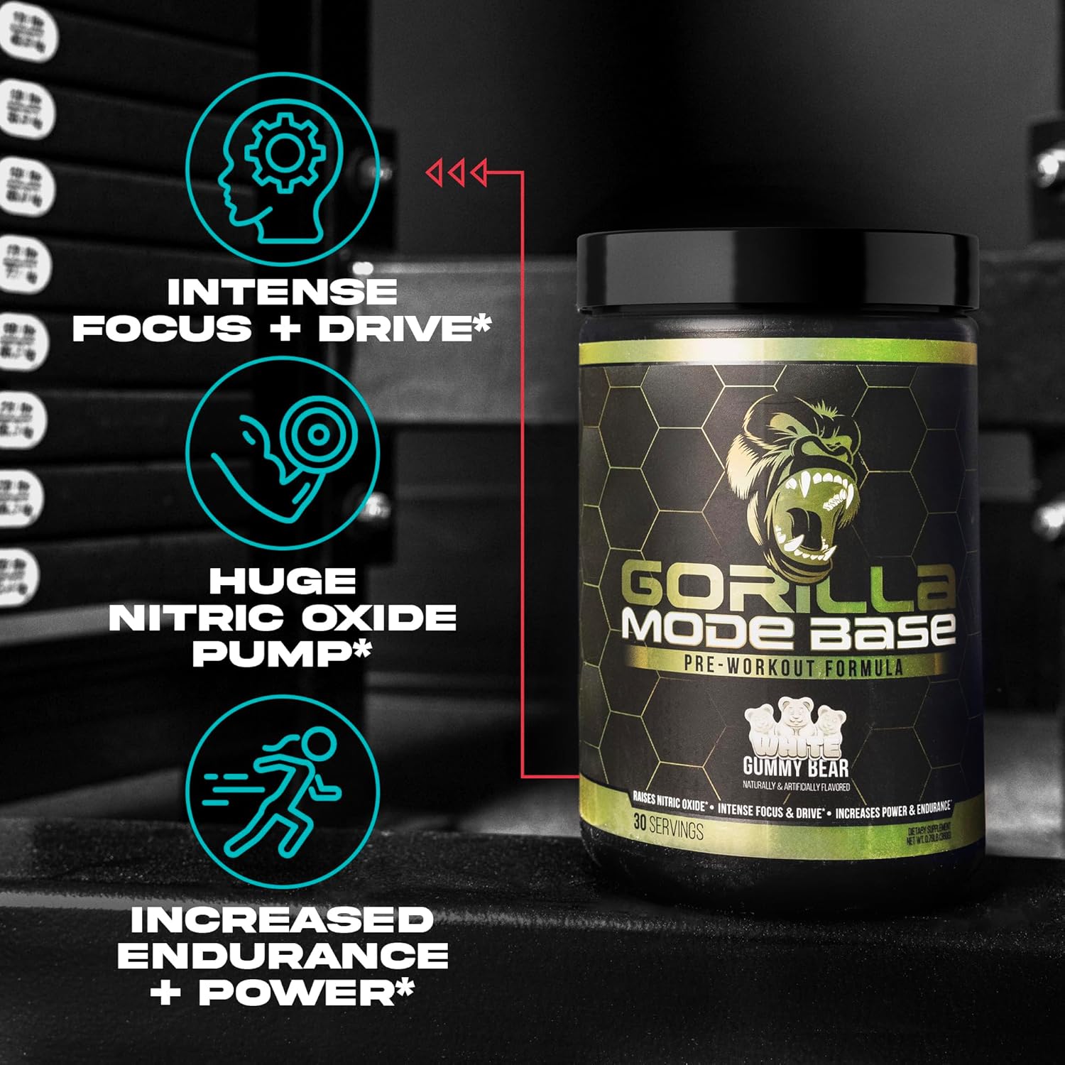 Gorilla Mind Base Pre Workout - Raises Nitric Oxide Intense Focus & Drive Endurance Power - L-Citrulline, L-Tyrosine, Betaine, Alpha-GPC, Caffeine, Huperzine A - 360 Grams (Cherry Blackout) - Image 4