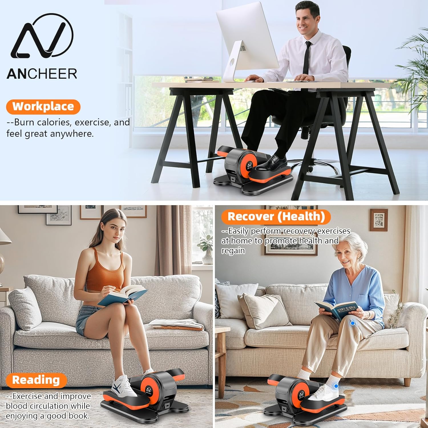 ANCHEER Under Desk Elliptical Machine, Ellipse Leg Exerciser for Seniors with 12 Adjustable Speeds, Quiet & Portable Electric Seated Pedal Exerciser with Remote Control - Image 3