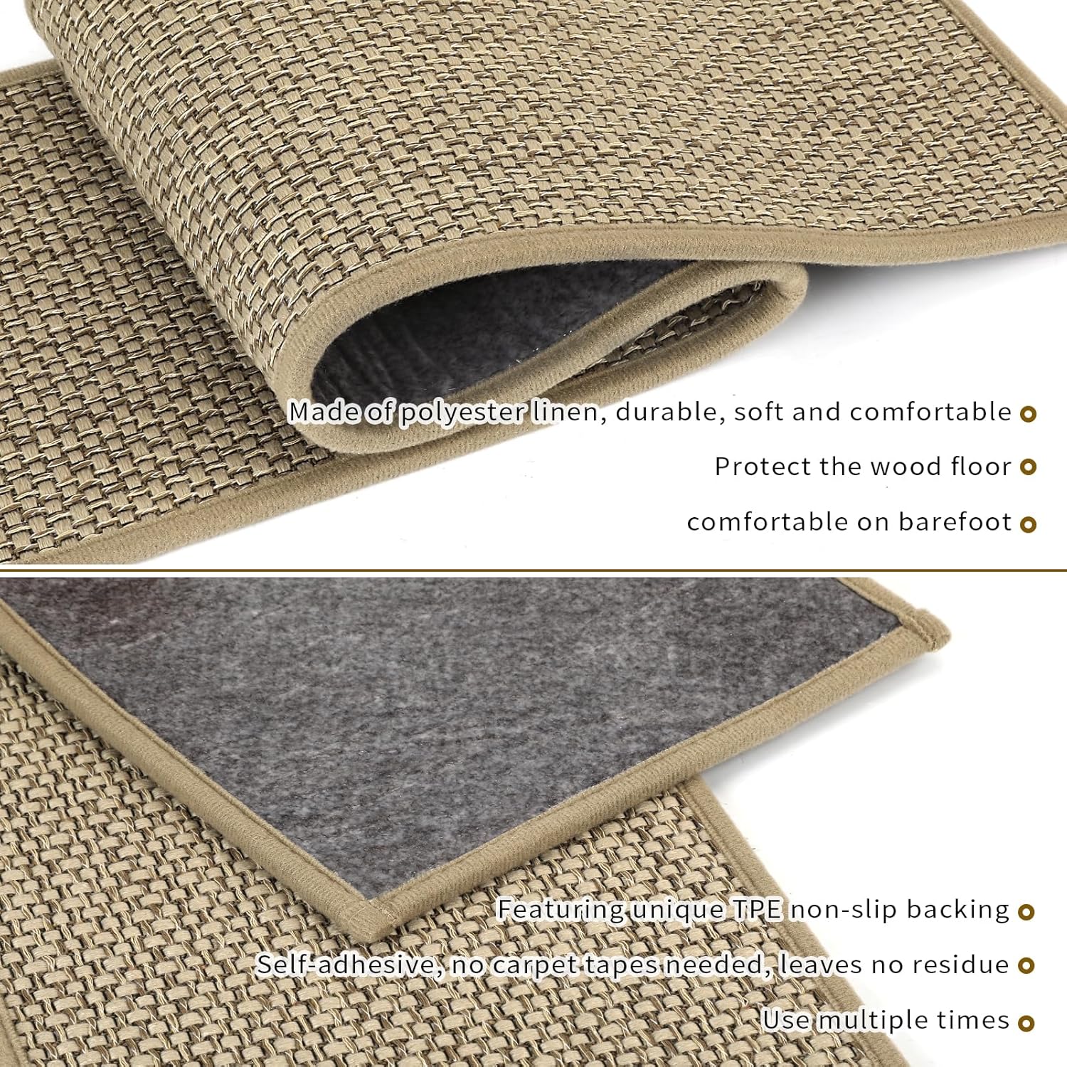 Stair Treads Non Slip for Wooden Steps Indoor 10" x 36" 15 Pack Extra Wide Stair Tread Carpet Stairs Runner, Step Pads with Reusable Adhesive for Dogs Kids Elders, Machine Washable, Beige - Image 3