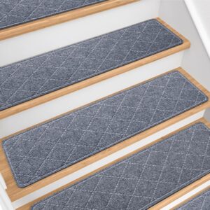 Stair Treads for Wooden Steps 15 PCS – 8’’ x 30’’, Non Slip Stair Runner, Machine Washable Stair Rugs Strips for Kids Pets and Elderly, Indoor Carpet for Stairs (Grey)