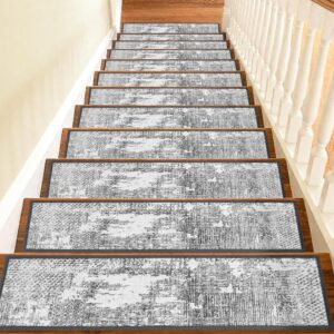 Non Slip Stair Treads for Wooden Steps Indoor, Grey, 15pcs, 30″X8″, Soft Carpet Mat, Machine Washable Boho Carpet Treads with Reusable Adhesive Backing, Safety Stair Tread for Dogs, Kids, Elders