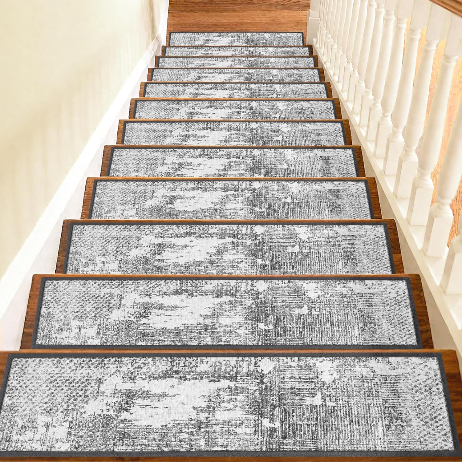 Non Slip Stair Treads for Wooden Steps Indoor, Grey, 15pcs, 30"X8", Soft Carpet Mat, Machine Washable Boho Carpet Treads with Reusable Adhesive Backing, Safety Stair Tread for Dogs, Kids, Elders