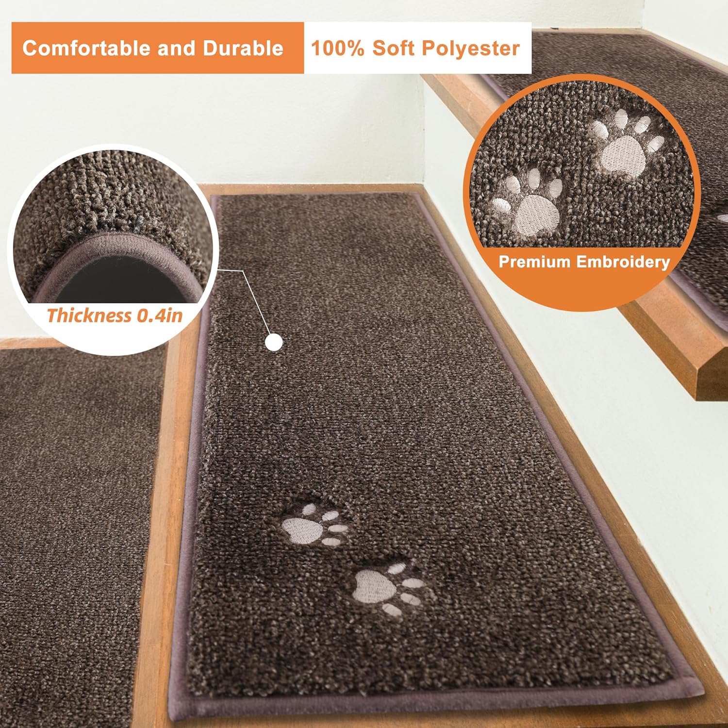 BEQHAUSE Stair Treads for Wooden Steps 28inX9in, Non Slip Carpet Stair Treads Indoor Stair Runners Machine Washable, Soft Stair Rugs Mat Surface Polyester TPE Backing, 15pcs, Brown - Image 3