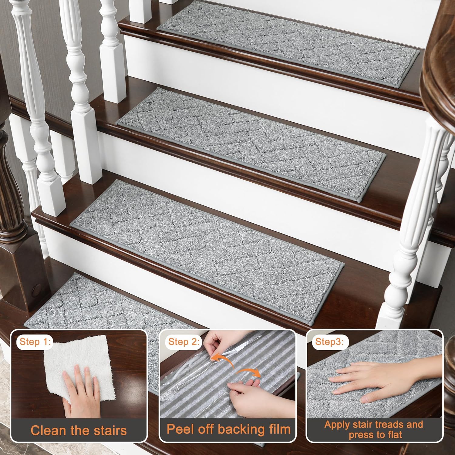 BEQHAUSE Stair Treads Non Slip Stair Runners Step Carpet Mat for Wooden Steps Indoor Machine Washable 28inX9in Edging Polyester Soft Stair Rugs for Kids Elders Pets with TPE Backing(Grey,7pcs) - Image 5
