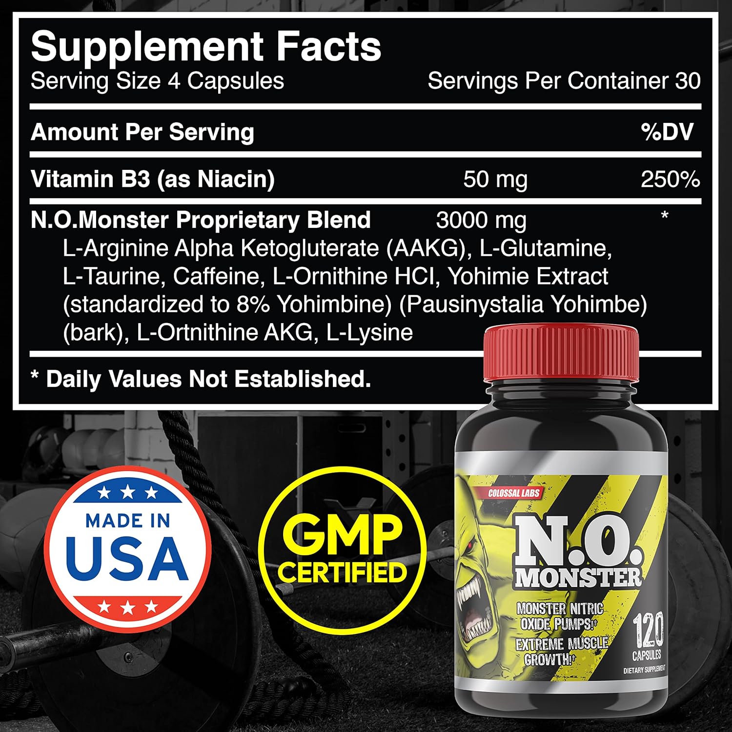 N.O. Monster Nitric Oxide Booster with L-Arginine – Extreme Pumps for Strength, Muscle Growth, Pre-Workout Support – Boost Energy, Stamina & Endurance – 120 Capsules, Made in The USA - Image 6