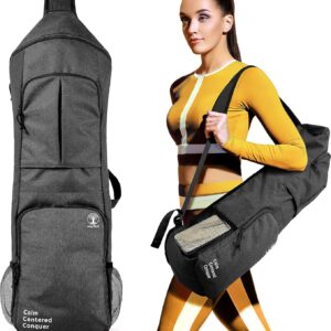 Yoga Mat Bag Carrier – Large Pockets & Water Bottle Holders. Yoga Backpack Fits 0.5″ Thick x 26″ Wide Mats. Hands-Free, Left-Right Switchable, Yoga, Gym, Cycling