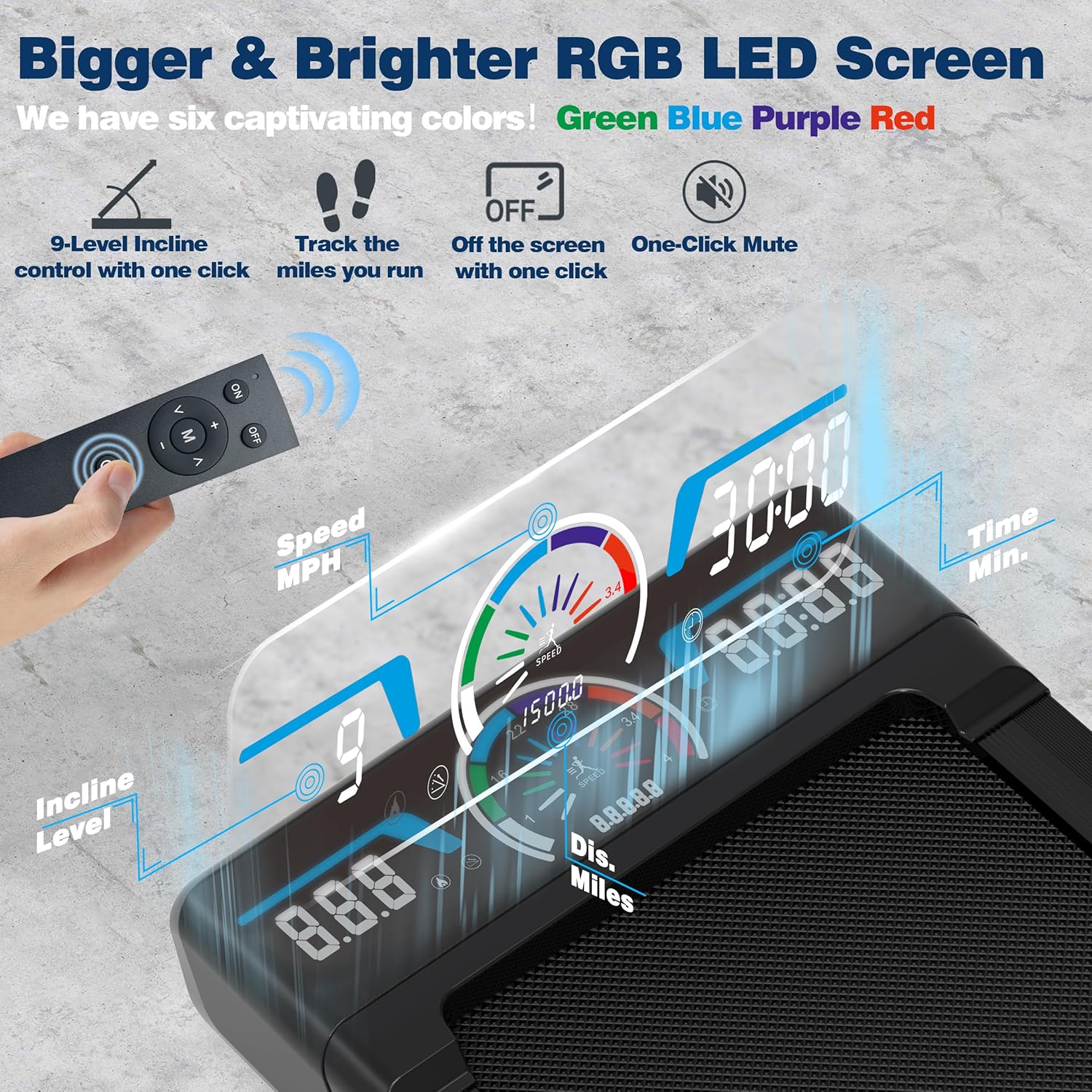 Walking Pad Treadmill with 12% 9-Level Auto Incline, 450 lbs Capacity RGB LED Screen, Bluetooth Speaker Under Desk Treadmill, Compact Treadmills for Home Hiking - Image 6