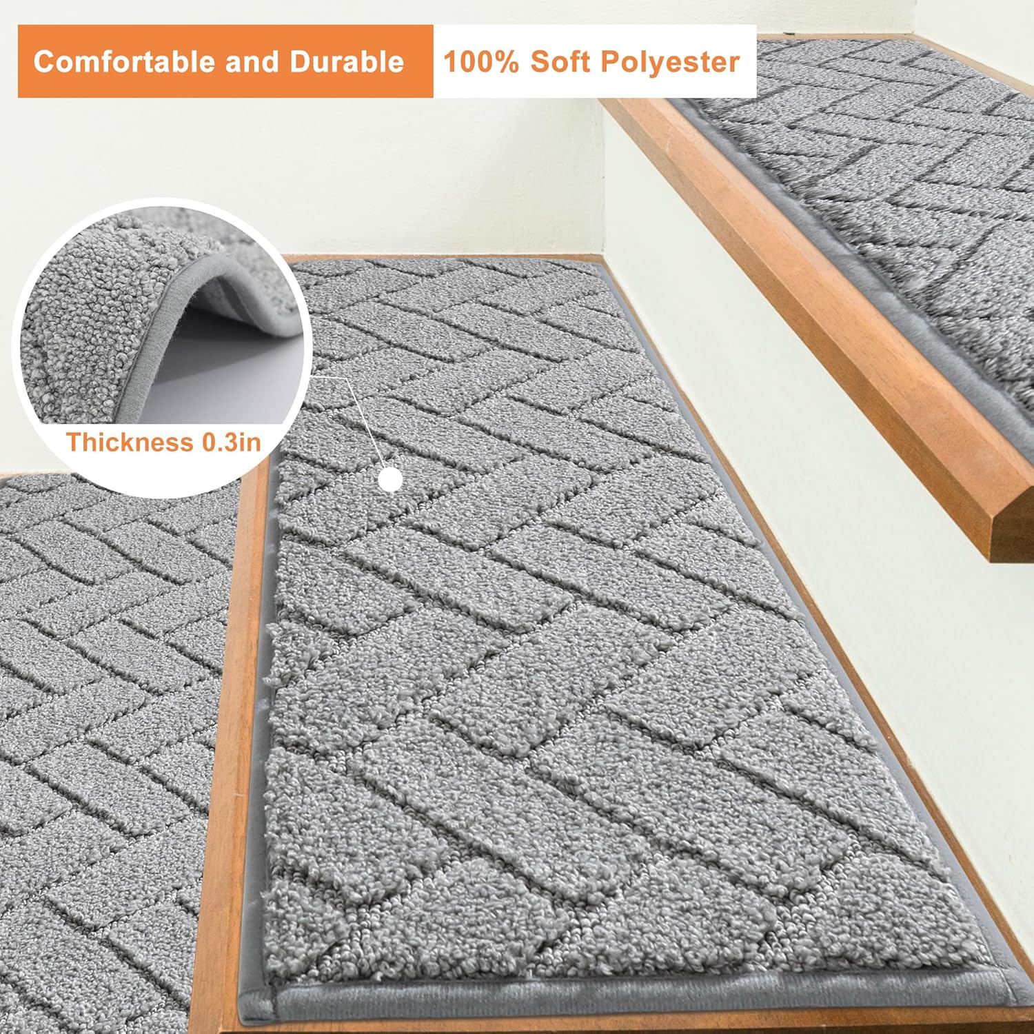 BEQHAUSE Stair Treads Non Slip Stair Runners Step Carpet Mat for Wooden Steps Indoor Machine Washable 28inX9in Edging Polyester Soft Stair Rugs for Kids Elders Pets with TPE Backing(Grey,7pcs) - Image 3