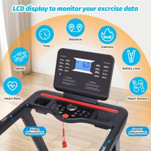 Treadmill with Auto Incline,Running Machine with Heart Sensor,3.5 HP Quiet Brushless,8.7 MPH, Shuttle Buttons,48 * 18in Running Area,Folding Treadmill for Home Office Indoor Cardio Exercise