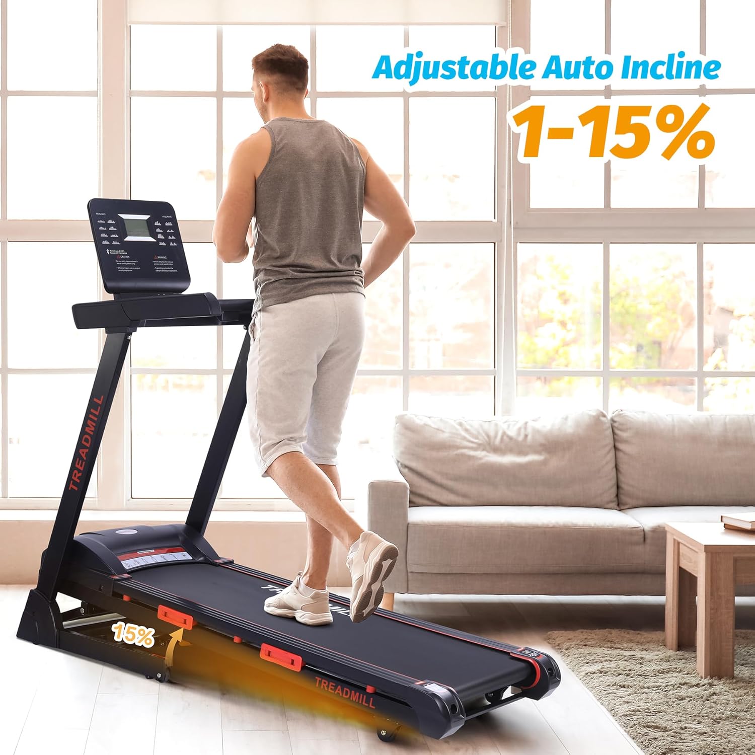 Treadmill with Auto Incline,Running Machine with Heart Sensor,3.5 HP Quiet Brushless,8.7 MPH, Shuttle Buttons,48 * 18in Running Area,Folding Treadmill for Home Office Indoor Cardio Exercise - Image 5