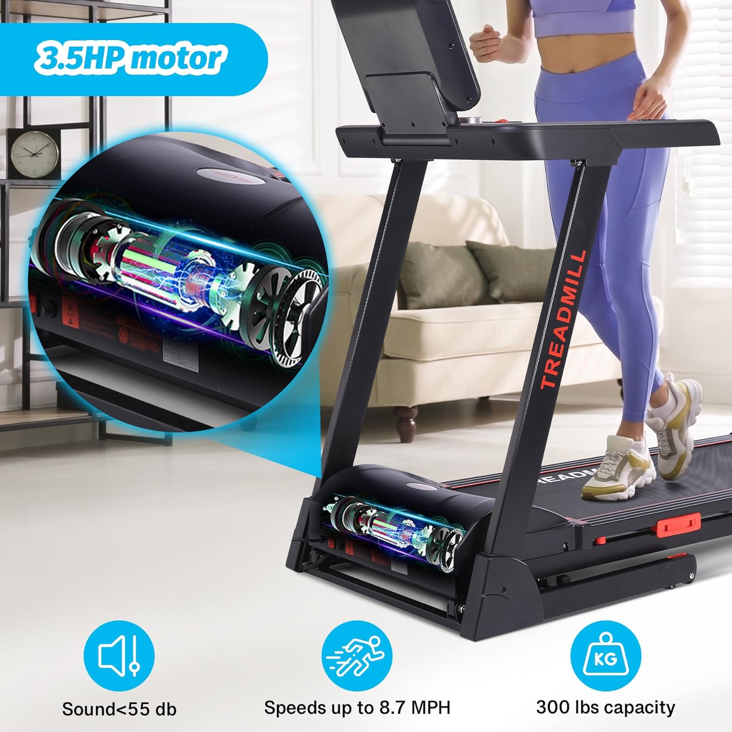 Treadmill with Auto Incline,Running Machine with Heart Sensor,3.5 HP Quiet Brushless,8.7 MPH, Shuttle Buttons,48 * 18in Running Area,Folding Treadmill for Home Office Indoor Cardio Exercise - Image 6