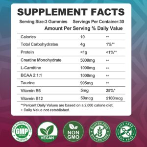 Creatine Monohydrate 8000mg Gummies with BCAA, L-Carnitine, Taurine & Vitamin B12 – Pre Workout Supplement for Muscle Growth, Strength & Energy, Multi-Flavor Chewable Gummies, 90 Count for Men & Women