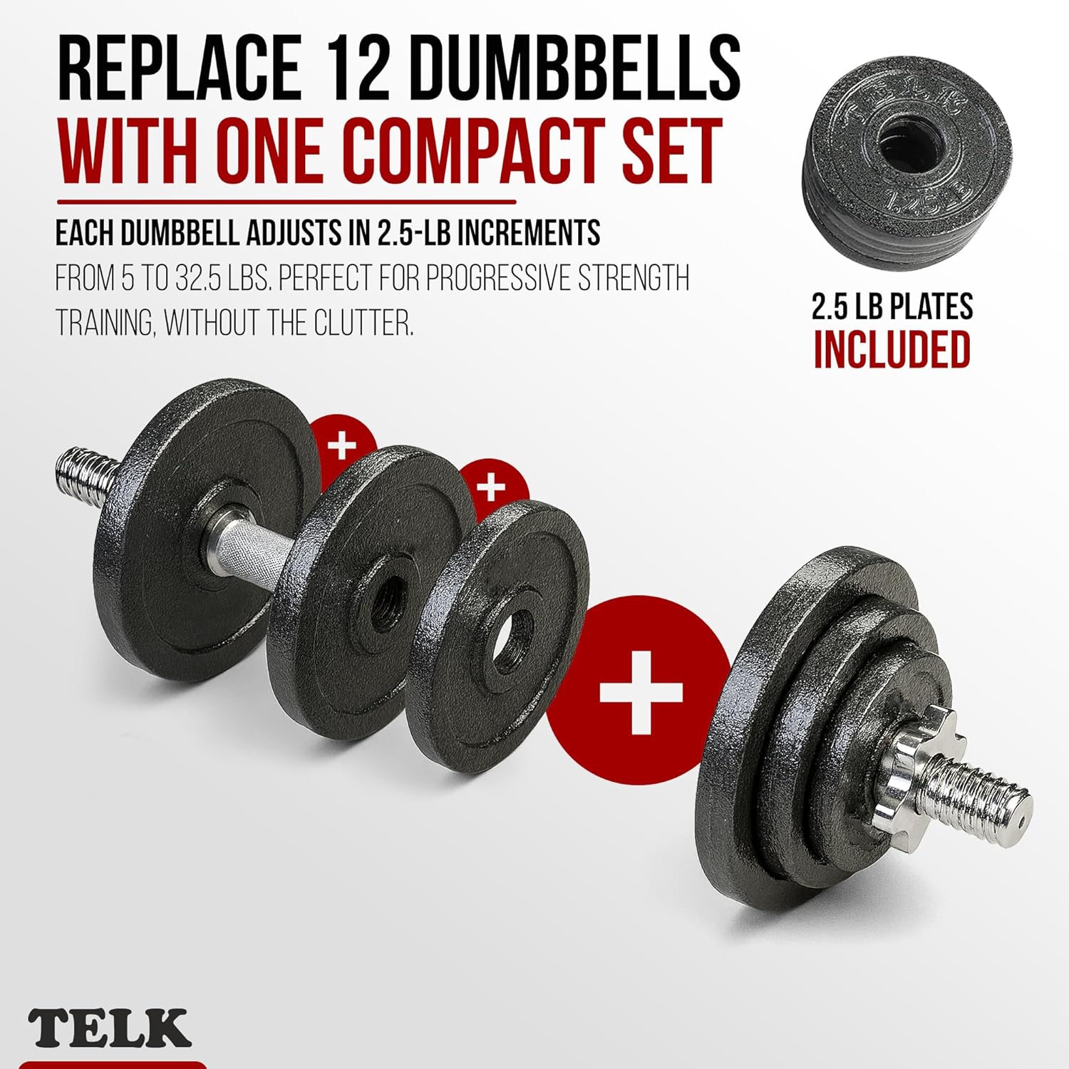 TELK – Adjustable Dumbbell Set – Home Gym Weight Set with Baked Enamel Cast Iron Plates – Space-Saving Free Weights for Strength Training - Image 4