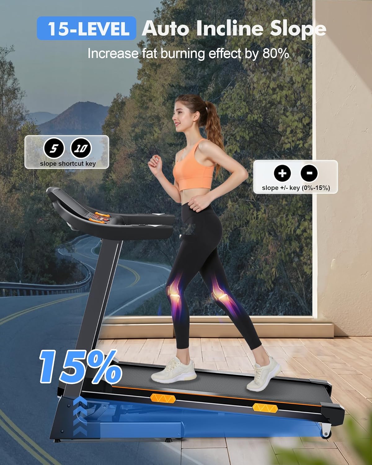 Treadmill for Home with Auto 15% Incline, 4.0HP Brushless Treadmills with Handrail, Folding Treadmill with 400 lbs Capacity, Double Cushioned Running Machine for Small Space with Smart APP - Image 3