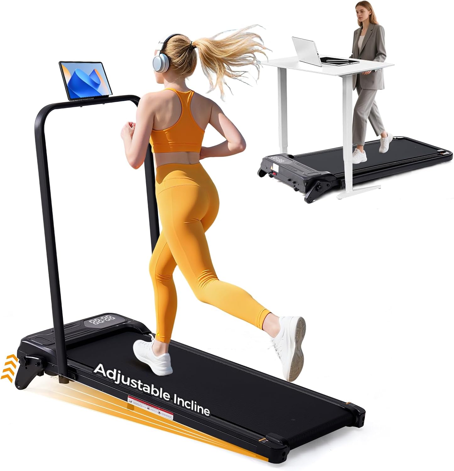 Compact Treadmills for Home with Adjustable Incline, 0.6-7.6MPH Electric Walking Pad Treadmill with Handle Bar, 350LBS Portable Small Treadmills with Handles for Home Small Spaces, 3.5HP Silent Motor