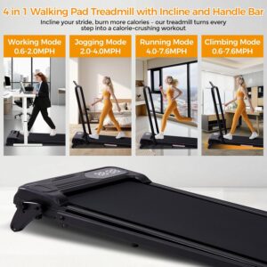 Compact Treadmills for Home with Adjustable Incline, 0.6-7.6MPH Electric Walking Pad Treadmill with Handle Bar, 350LBS Portable Small Treadmills with Handles for Home Small Spaces, 3.5HP Silent Motor