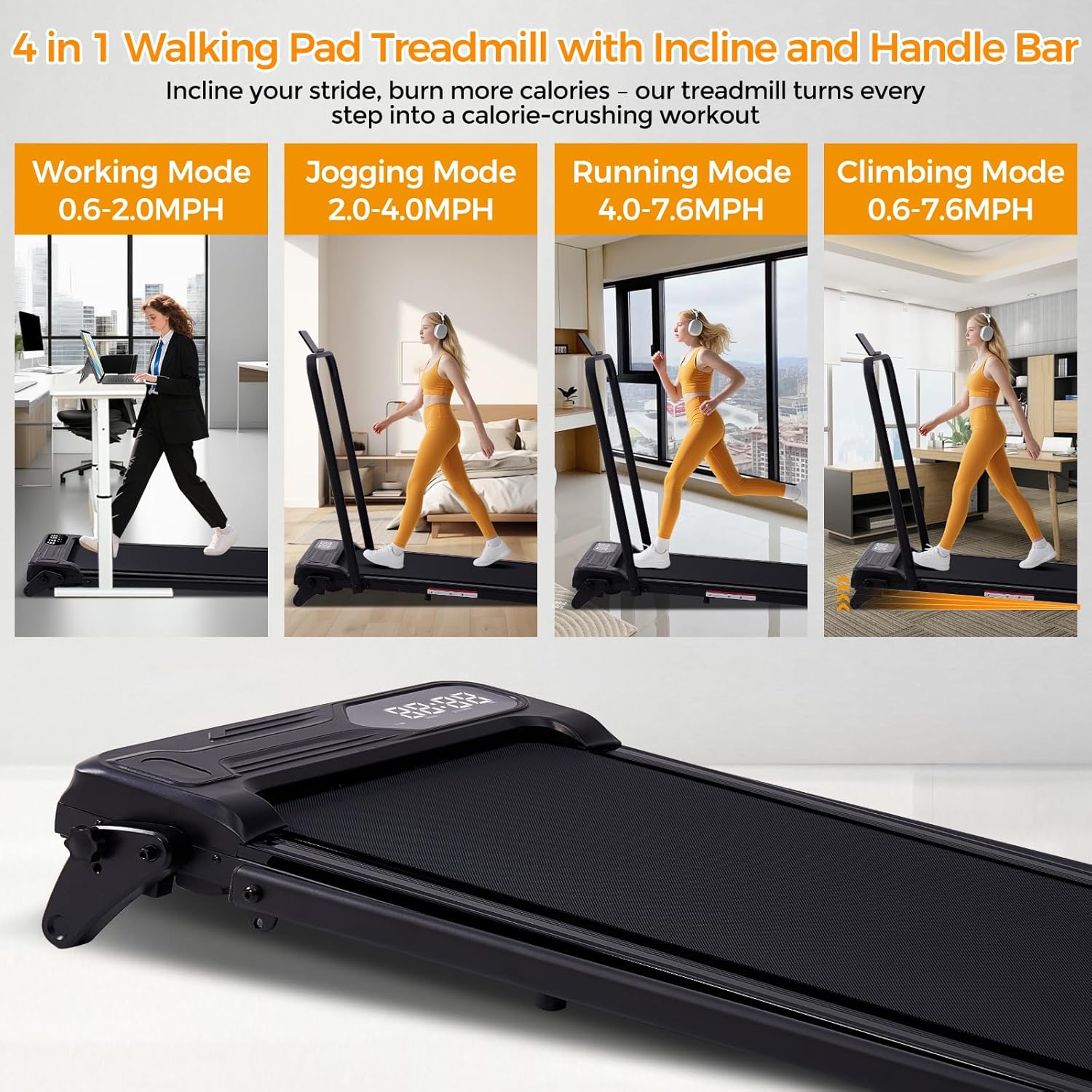 Compact Treadmills for Home with Adjustable Incline, 0.6-7.6MPH Electric Walking Pad Treadmill with Handle Bar, 350LBS Portable Small Treadmills with Handles for Home Small Spaces, 3.5HP Silent Motor - Image 2