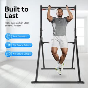Power Tower Pull Up Dip Station, Foldable Pull Up Bar Rack Dip Station 5.74-7.55ft Height Adjustable Home Strength Training Fitness Workout Equipment, Up to 440lbs (With double bars)