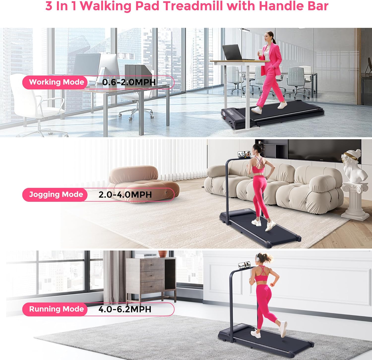 Walking Pad with Handle Bar, 3.0HP Electric Small Walking Pads Running Treadmills for Home with Handles, 0.6-6.2MPH Compact Home Under The Desk Treadmills for Small Spaces, 320LBS - Image 2