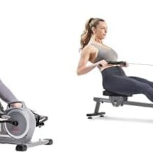 Sunny Health & Fitness Magnetic Under Desk Mini Exercise Cycle Bike, Dual Function Pedal Exerciser + Compact Folding Magnetic Rowing Machine with 109 CM Slide Rail, 130 KG Max Weight