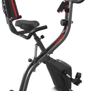Exercise Bike Stationary Bike Folding Exercise Bike with 10 Level Adjustable Magentic Resistance Support Back Pad and Phone/Tablet Holder Arm Resistance Band Pulse Sensor LCD Monitor for Home Workout 265 LB Capacity