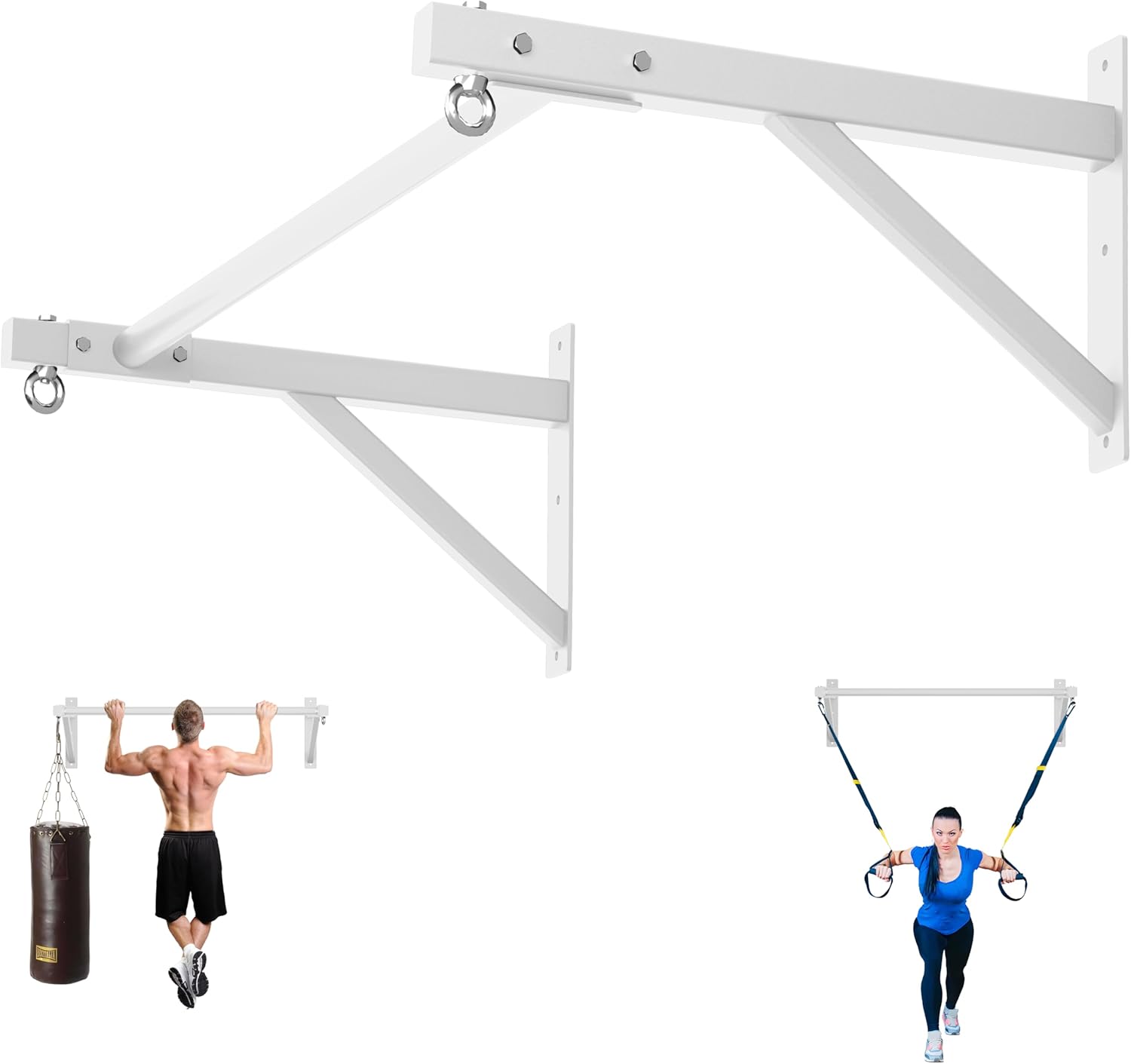 Pull Up Bar Wall Mounted, Heavy Duty 650 lbs Capacity Chin Up Bar, 48" Multi-Grip Strength Training Pull-up Bars, for Home Gym Garage/Backyard Total Body Workout, Ease Of Use Mounting (White)