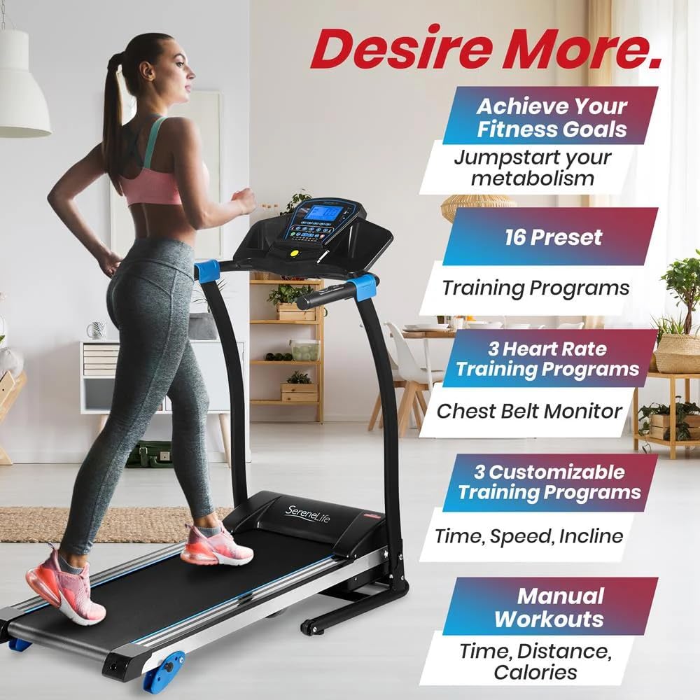 SereneLife Electric Folding Treadmill - Foldable Home Fitness Equipment for Walking & Running, 1.5 HP Indoor Home Cardio Machine with Downloadable App, Safety Key, 3 Incline Levels, 16 Training Modes - Image 4