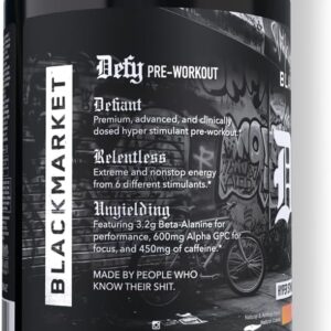 BLACKMARKET DEFY – High-Stimulant Pre-Workout Powder | 450mg Caffeine, Eria Jarensis, Dendrobium, L-Citrulline | Peach Rings Flavor | Intense Energy, Pump & Focus | 40/20 Servings