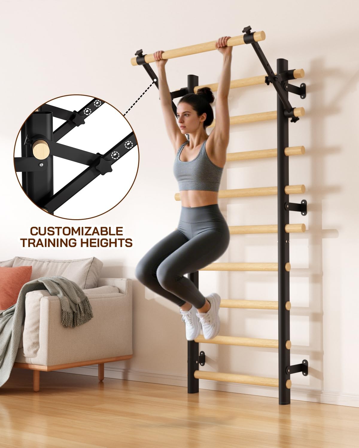 Swedish Ladder Wall Gym, Wooden Wall-Mounted Stall Bars with Pull-up Bar & Exercise Straps & Dip Bars, Stretching Ladder Full Body Home Gym Adults New - Image 5
