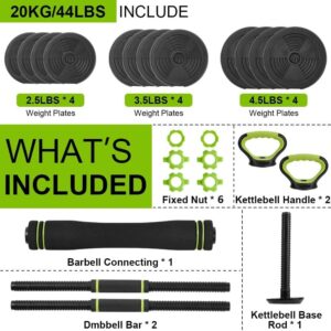 Adjustable Dumbbell Set, 30/44/66/88Lbs Free Weight Set with Connector, 4 In1 Dumbbells Set Used As Barbell, Kettlebells, Push Up Stand,Green and Black