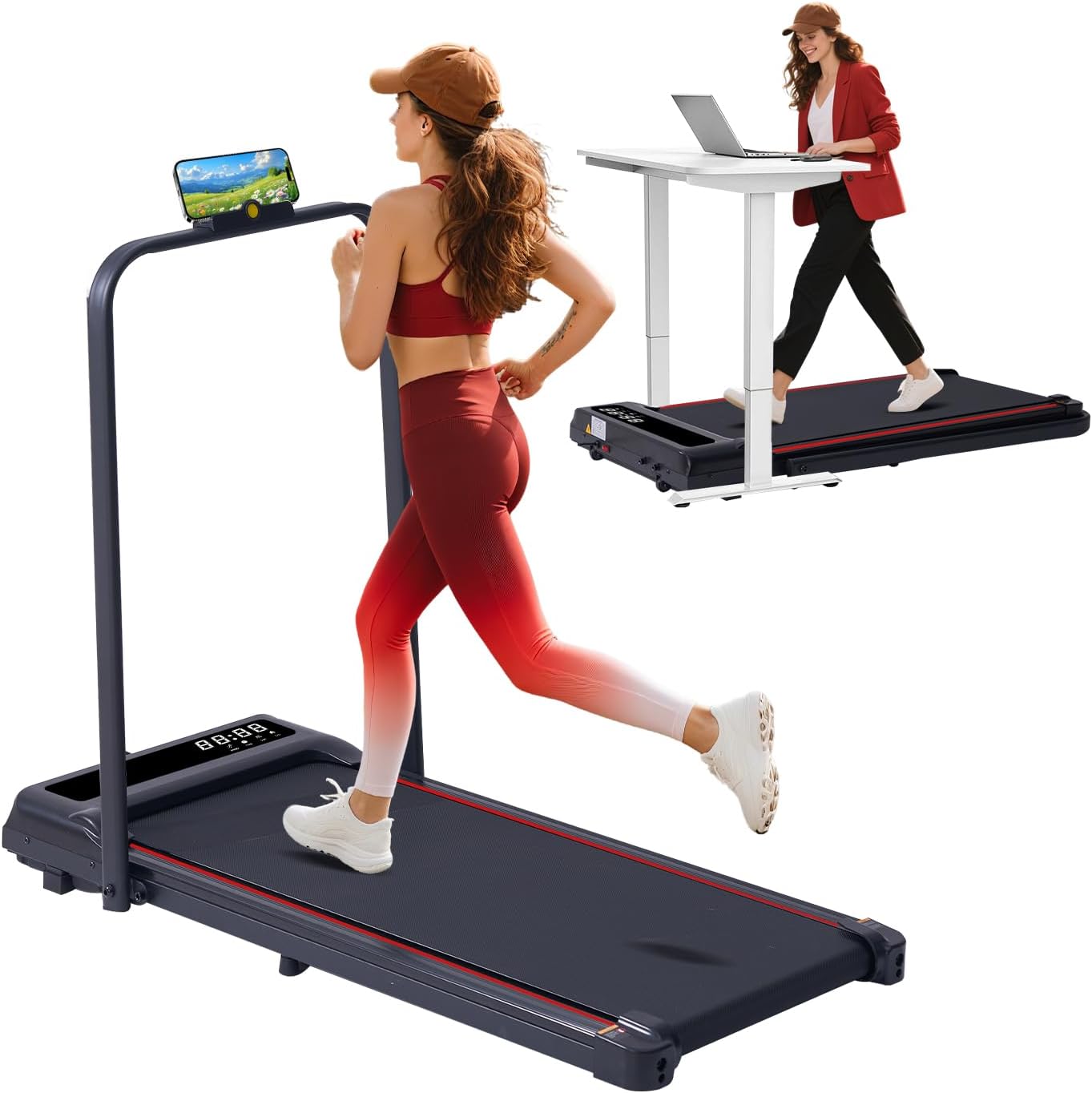 Treadmill with Handles for Home Small, 3.0HP Electric Compact Walking Pad Treadmills with Handle Bar, 0.6-6.2MPH Portable Under Desk Treadmill Home for Small Space, 320LBS