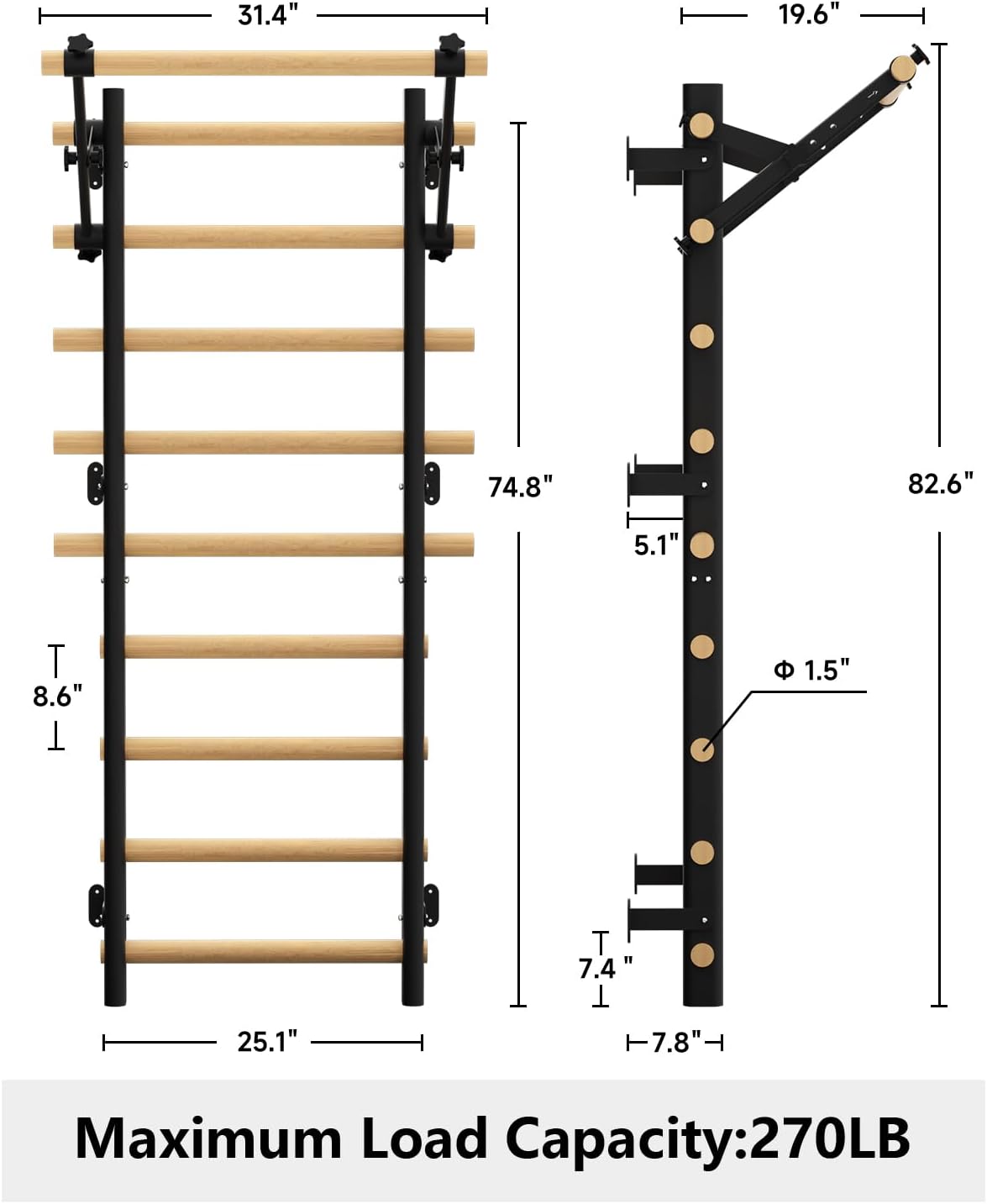 Swedish Ladder Wall Gym, Wooden Wall-Mounted Stall Bars with Pull-up Bar & Exercise Straps & Dip Bars, Stretching Ladder Full Body Home Gym Adults New - Image 3