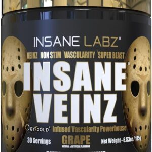 Insane Labz Insane Veinz Gold, Nitric Oxide Non Stimulant pre Workout Powder, Loaded with Hydromax, Nitrosigine, Increases Vascularity and Blood Flow, 30 Srvgs, Grape