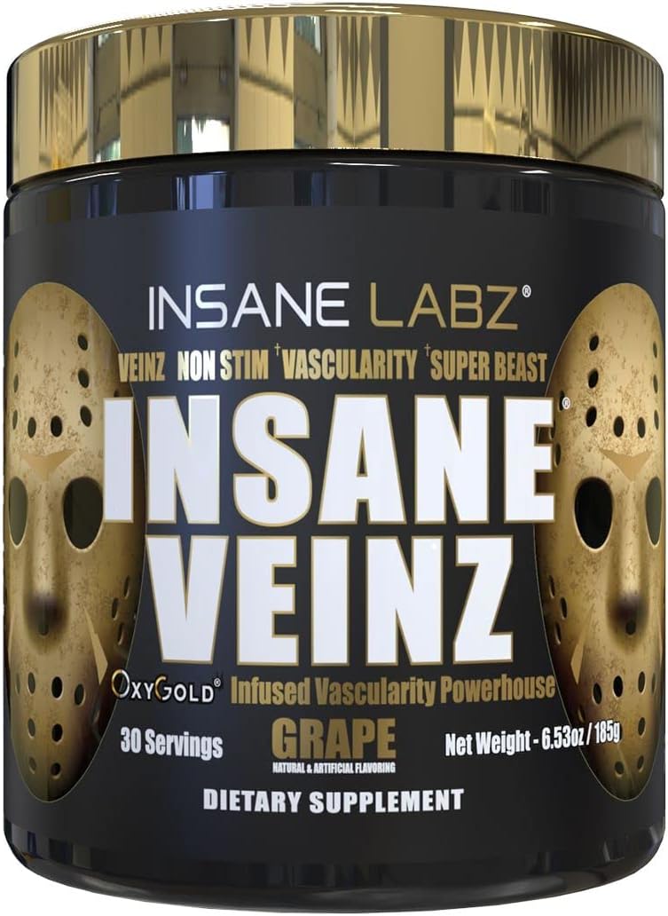 Insane Labz Insane Veinz Gold, Nitric Oxide Non Stimulant pre Workout Powder, Loaded with Hydromax, Nitrosigine, Increases Vascularity and Blood Flow, 30 Srvgs, Grape