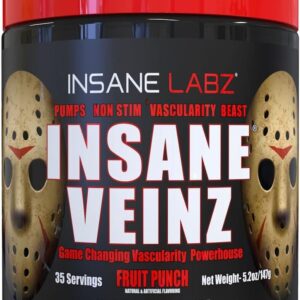 Insane Labz Insane Veinz Non Stimulant NO Enhancing Powder, Nitric Oxide Booster, Loaded with Agmatine Sulfate and Betaine Anhydrous, Increase Vascularity, 35 Srvgs, Fruit Punch