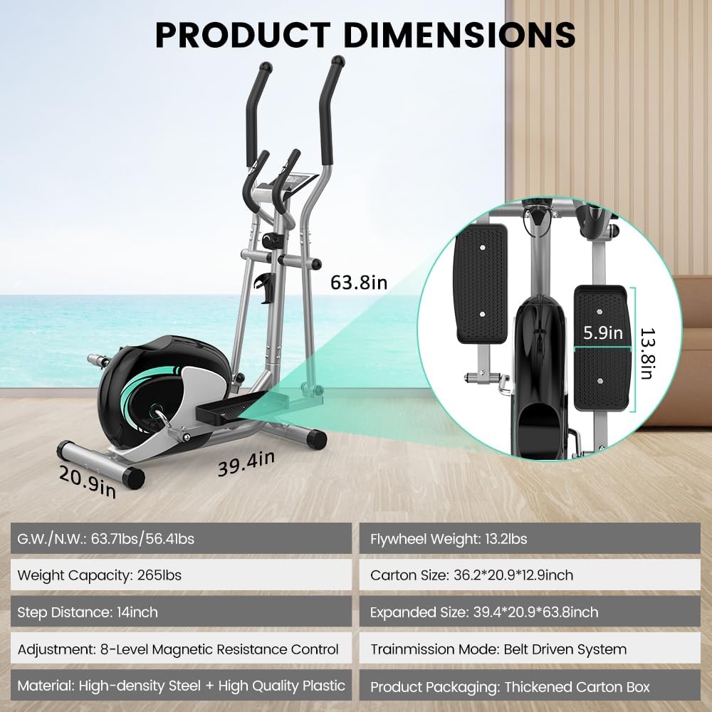 Dripex Elliptical Exercise Machine, Hyper-Quiet Elliptical Machine for Home, Magnetic Elliptical Training Machines with 8-Level Resistance, 6KG Flywheel, LCD Monitor, Pulse Sensor - Image 8