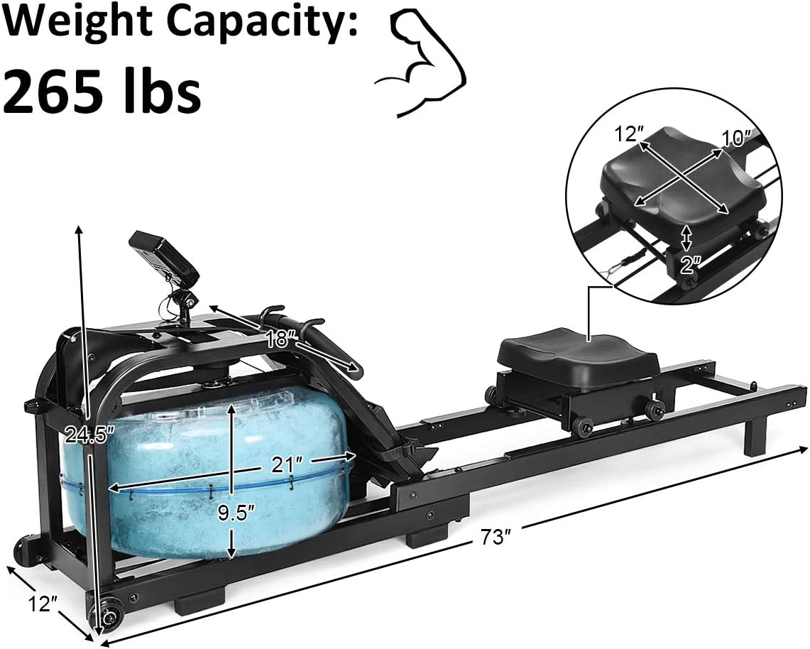 GYMAX Water Rowing Machine, Water Rower with Adjustable Resistance & LCD Display, Easy-Transportation Rower for Whole Body Exercise Cardio Training - Image 5