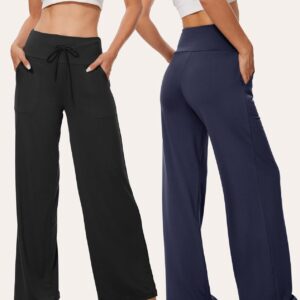 TNNZEET 3 Pack Women’s Wide Leg Pants with Pockets – Casual Loose Yoga Trouser Pants Sweatpants Palazzo Lounge Pajama Pants