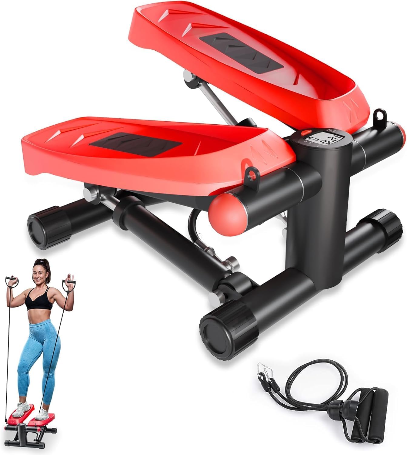 Steppers for Exercise at Home, Mini Stair Step Workout Machine with Resistance Bands, Air-Powered Stair Steppers for Exercise, Compact Cardio Stepper with Digital Monitor