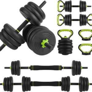 Adjustable Dumbbell and Kettlebell Set, 4 in 1, 44lbs/66lbs/88lbs Weight Used as Kettlebells, Barbell, Push up Stand for Home Gym, Green and Black, Round Head