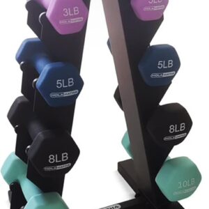 HolaHatha Neoprene Dumbbell Weights Set with Rack, Home Gym Equipment, 56 Lbs, Blues – Portable Weighted Exercise Dumbbells for Fitness, Training, and Lifting Workouts